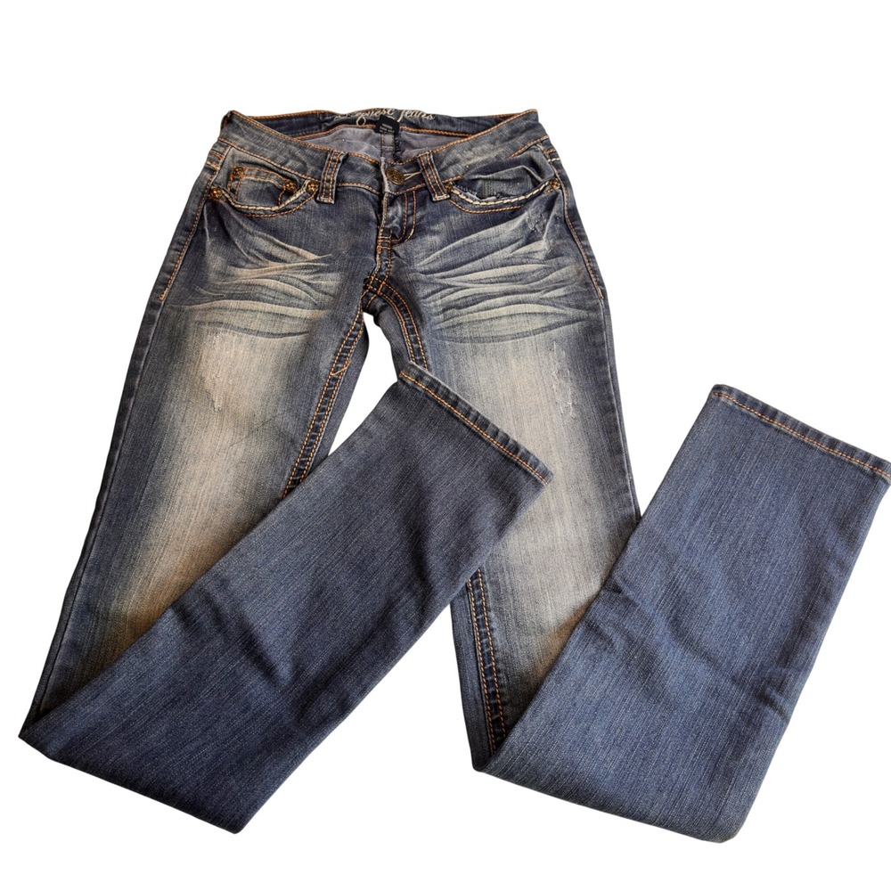 Request Jeans Low Rise Bootcut Jeans Y2K Dark Wash Whiskered Denim Size 0/24